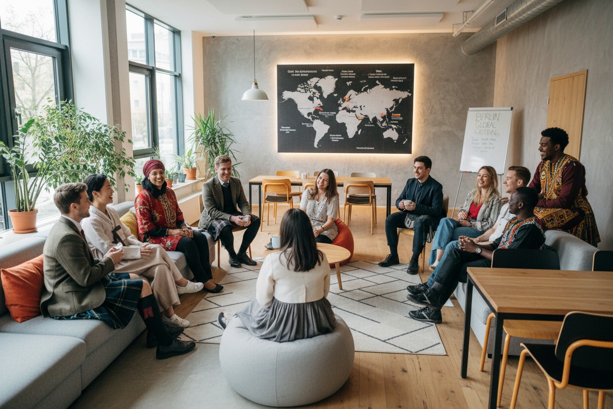 Eine vielfältige Gruppe von Menschen sitzt in einem modernen Büro in einem Stuhlkreis zusammen und unterhält sich.